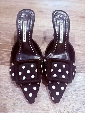 Manolo Blahnik Maysale Polka Dot Buckle Mules Kitten Heel Size 36.5 (US 6.5)